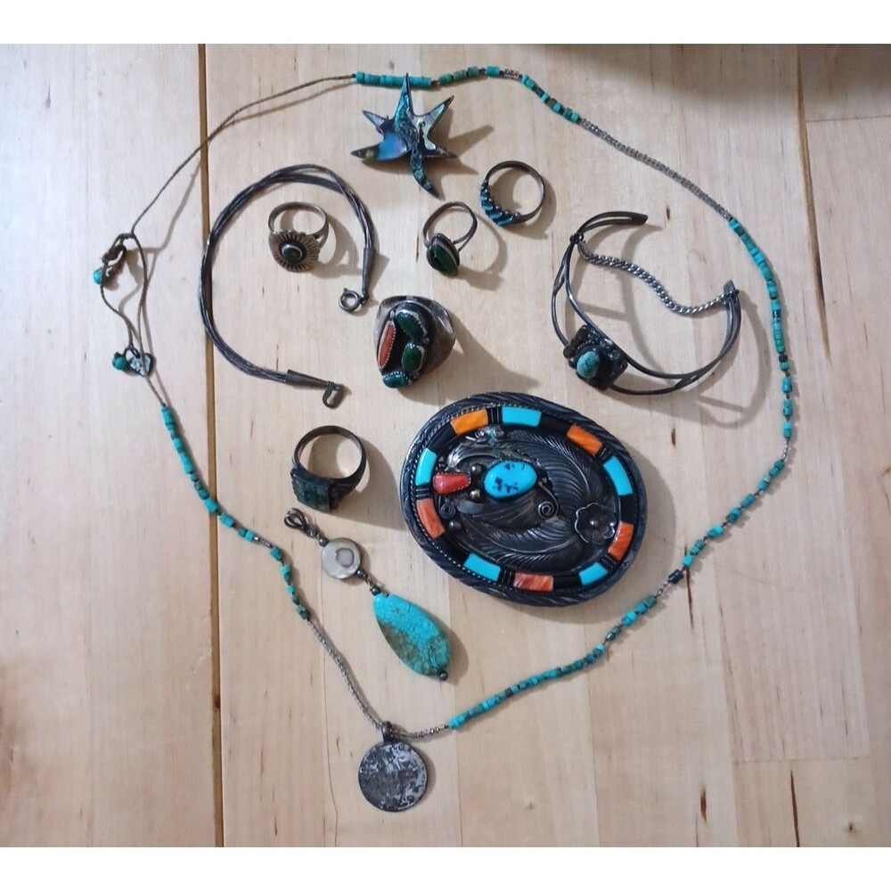 NATIVE JEWELRY STERLING BELT BUCKLE TURQUOISE CORAL NAVAJO ZUNI LOT AS IS